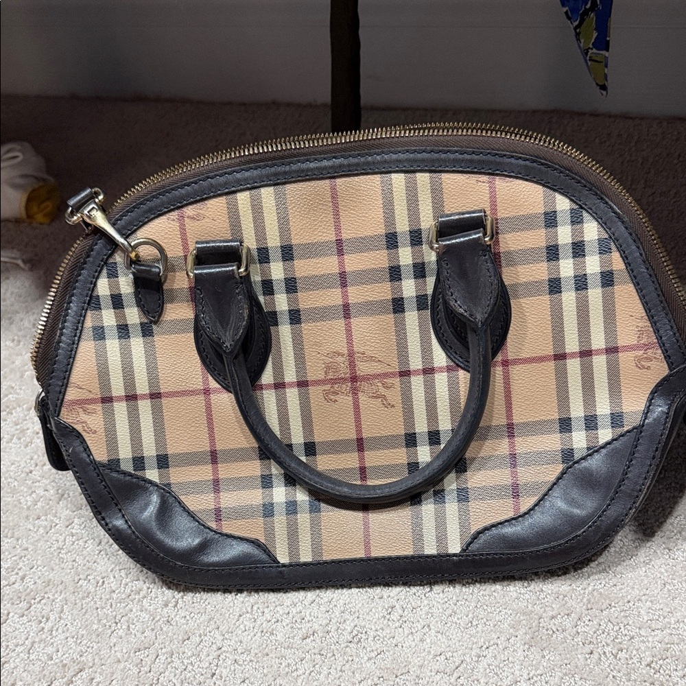 Burberry Beige Plaid Satchel with Black Trim